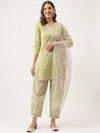 Stylish Green Cotton Printed Straight Kurta, Bottom and Dupatta Set