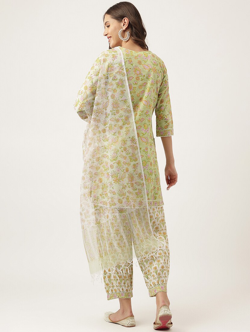 Stylish Green Cotton Printed Straight Kurta, Bottom and Dupatta Set